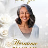 Elegant thank you card featuring a smiling woman and floral design.
