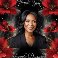 Thank you card with red flowers and a smiling woman in black.