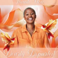 Thank you card featuring a smiling woman and hummingbirds for memorial appreciation.