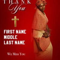 Thank you card with a woman in traditional attire and a cross symbol.