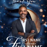 Thank you card featuring a smiling man in a suit with a blue and gold background.