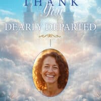 Thank you card with a smiling woman and heavenly background for memorials.