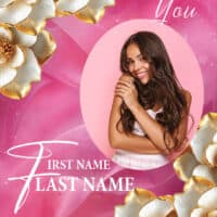 Thank you card featuring a smiling woman and floral decorations.