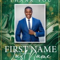 Thank you card featuring a smiling man in a blue suit for obituaries.