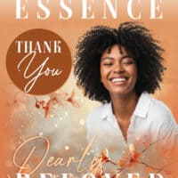 Smiling woman with curly hair on thank you card for celebrating her essence.