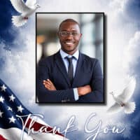 Thank you card featuring patriotic American flag and doves for gratitude.