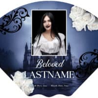 Obituary fan with floral and gothic design for loved one.