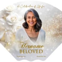 Memorial fan with a smiling woman and white roses for a celebration of life event.