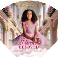 Young girl in pink dress with a crown, celebrating her life in a grand hall.