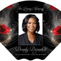 Memorial card with photo and flowers for loved one.