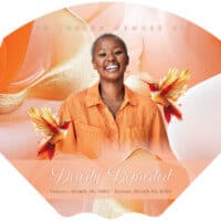 Memorial announcement with smiling woman and hummingbirds for Obituaries Tomorrow.