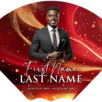 Elegant funeral program with a smiling man in a suit and a red and gold background.