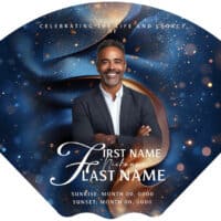 Memorial tribute with a smiling man in a suit against a starry background.