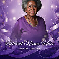 Memorial tribute image for loved one with purple background and floral design.